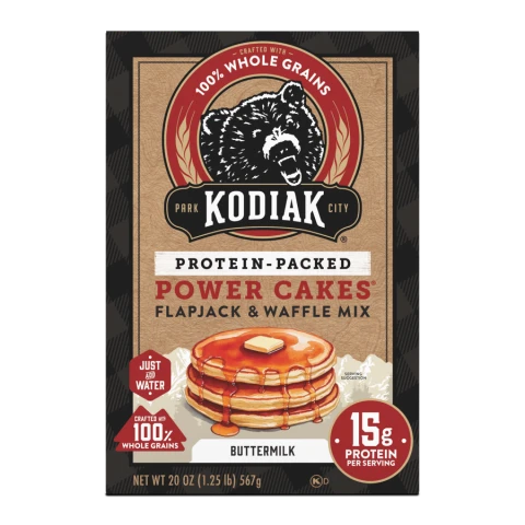Pancake and waffle mix: Kodiak Buttermilk Power Cakes package